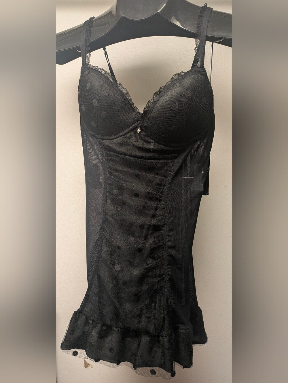 Boudoir Black Sheer Polka Dot Body Baby Doll & G string Lingerie Lace Trim Med